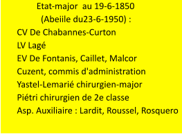 Etat-major  au 19-6-1850     (Abeiile du23-6-1950) :     CV De Chabannes-Curton     LV Lagé     EV De Fontanis, Caillet, Malcor     Cuzent, commis d'administration     Yastel-Lemarié chirurgien-major     Piétri chirurgien de 2e classe     Asp. Auxiliaire : Lardit, Roussel, Rosquero