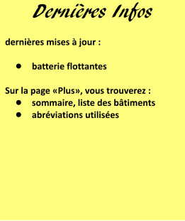 Dernières Infos  dernières mises à jour :  •	batterie flottantes  Sur la page «Plus», vous trouverez : •	sommaire, liste des bâtiments •	abréviations utilisées